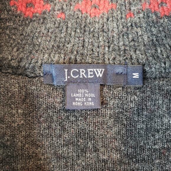 Vintage J. CREW 1/4 Zip Sweater 100% Lamb's Wool Fair Isle Men's Medium Red Gray - Picture 2 of 13
